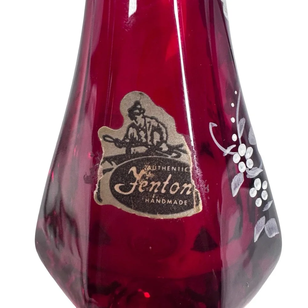 Vintage Fenton Ruby Red Glass Swung Bud Vase Hand Painted White Roses MCM 10in